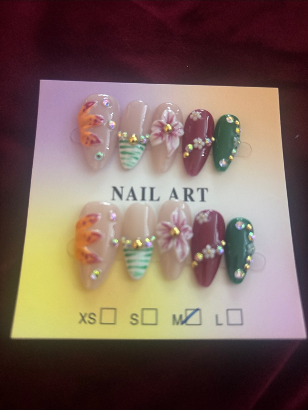 Handmade Floral & Gem Press-On Nail Set - Pink, Green, Burgundy